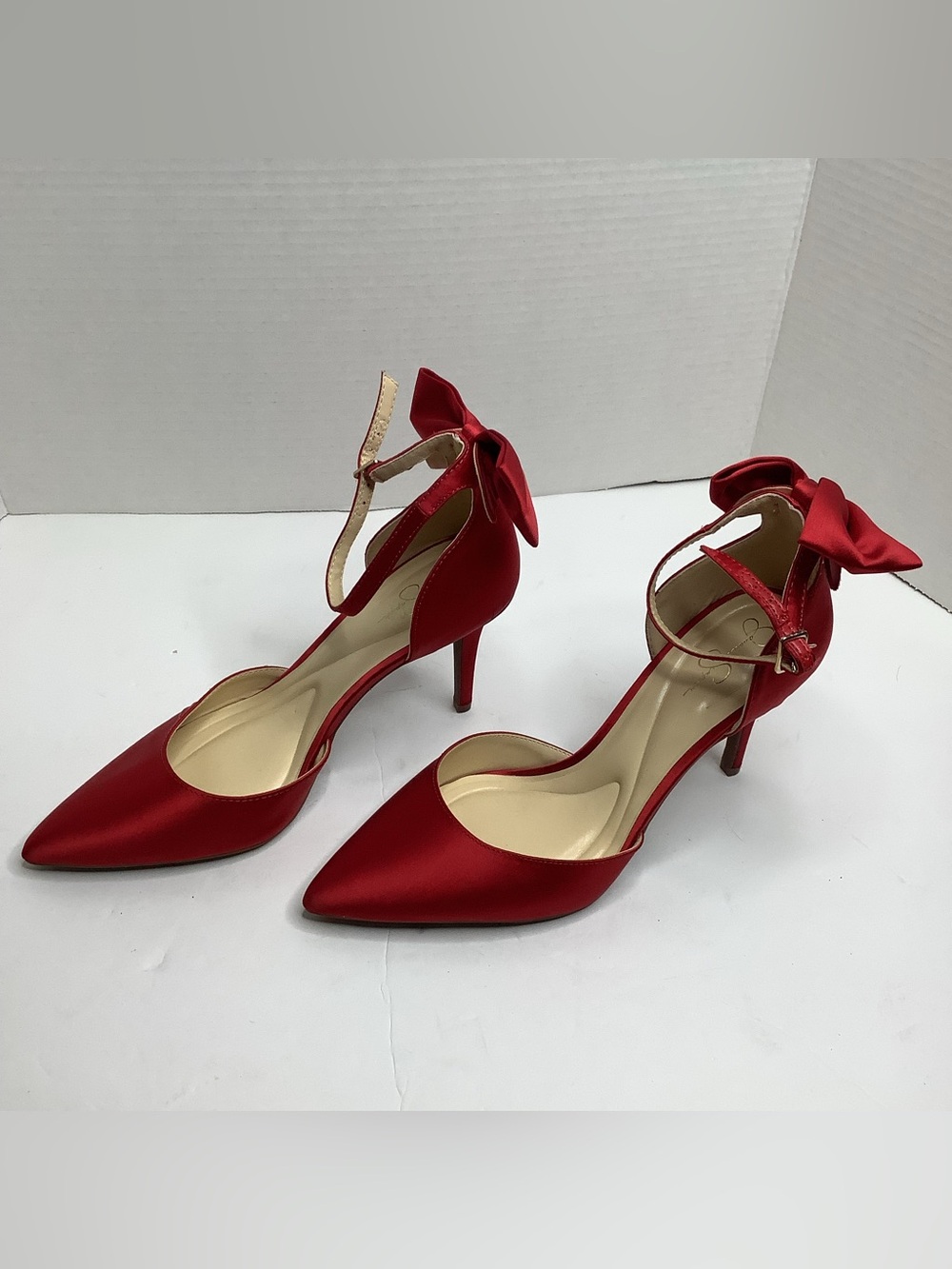 Jessica Simpson Elegant Red Satin Pointed-Toe Ankle-Strap Heels with Bow